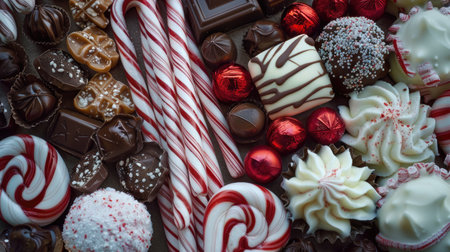 A festive holiday candy display, featuring candy canes, chocolates, and peppermint swirls.の素材