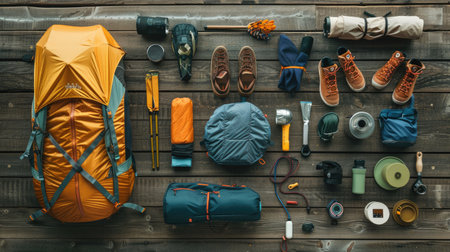 A flat lay of essential camping gear, including a tent, sleeping bag, flashlight, and backpack, arranged on a wooden surface.の素材