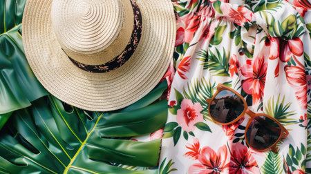 A flat lay of summer fashion essentials including a straw hat, sunglasses, and a floral dress.の素材