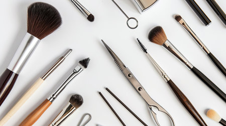 A flat lay of beauty tools including tweezers, eyelash curlers, and makeup brushes on a white background.の素材