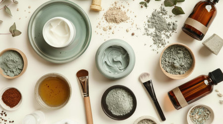 A flat lay of natural and organic beauty products, including clay masks, facial oils, and herbal creams.の素材