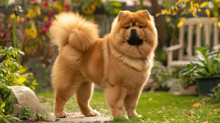 A fluffy Chow Chow with its distinctive lion-like mane, standing proudly in a garden.の素材