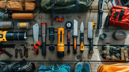A flat lay of essential camping gear, including a flashlight, multi-tool, and first aid kit.の素材