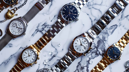 A flat lay of luxury watches and bracelets on a marble background, highlighting elegant timepieces.の素材