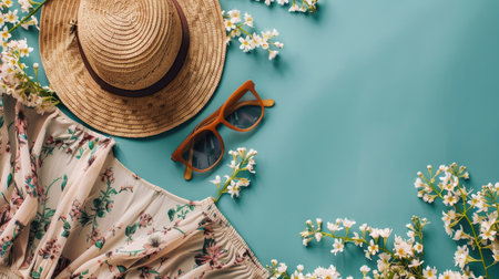 A flat lay of summer fashion essentials including a straw hat, sunglasses, and a floral dress.の素材