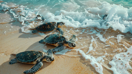 A group of sea turtles resting on a sandy beach, with waves gently lapping at the shore.の素材