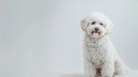 A fluffy Bichon Frise with a perfectly groomed coat, sitting on a white background.の素材