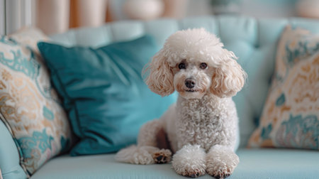 A friendly Poodle with its stylish haircut, sitting on a decorative cushion.の素材