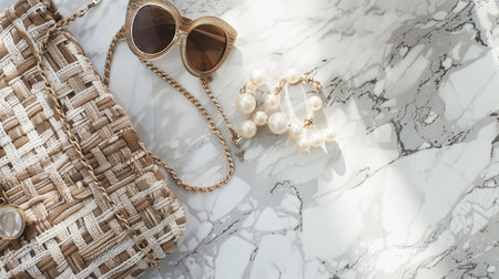 A flat lay of stylish accessories including sunglasses, a handbag, and jewelry on a marble surface.の素材