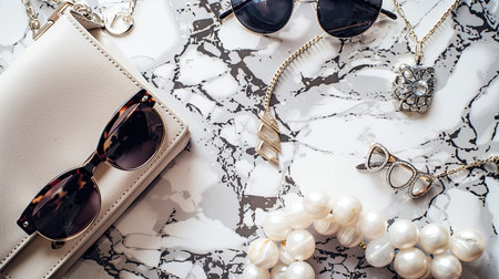 A flat lay of stylish accessories including sunglasses, a handbag, and jewelry on a marble surface.の素材