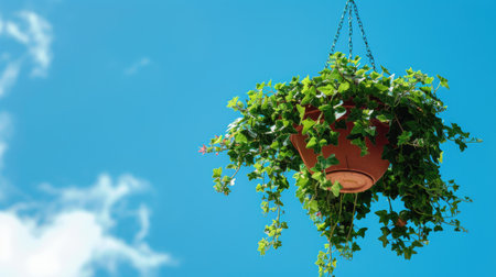 A hanging flower pot with trailing ivy, against a bright blue sky.の素材