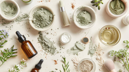 A flat lay of natural and organic beauty products, including clay masks, facial oils, and herbal creams.の素材