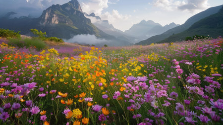 A field of Khun Nai's wildflowers, creating a colorful and natural landscape.の素材
