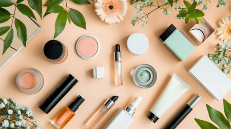 A flat lay of travel-sized beauty products, perfect for on-the-go skincare and makeup routines.の素材