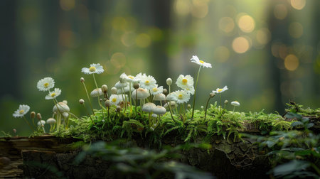 A group of delicate white mushrooms sprouting from a moss-covered log in a serene woodland.の素材