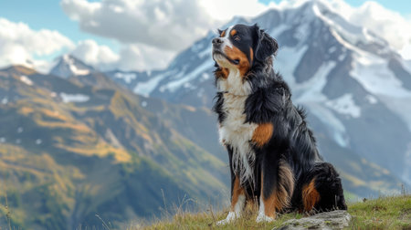 A friendly Bernese Mountain Dog sitting on a grassy hill, with a beautiful mountain range in the background.の素材