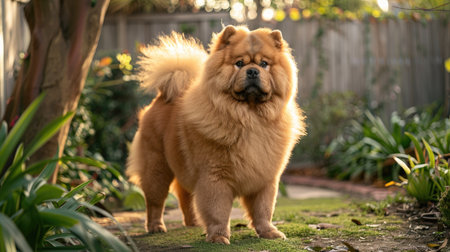 A fluffy Chow Chow with its distinctive lion-like mane, standing proudly in a garden.の素材