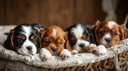 A group of Cavalier King Charles Spaniel puppies cuddling together in a basket.の素材