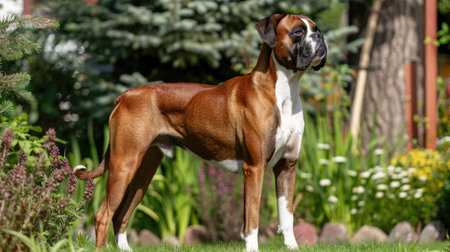 A handsome Boxer standing proudly in a garden, showcasing its muscular build and alert expression.の素材