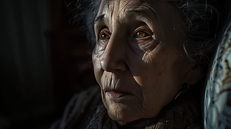 A grandmother's face lit by soft, natural light, emphasizing her gentle features and peaceful expression.の素材
