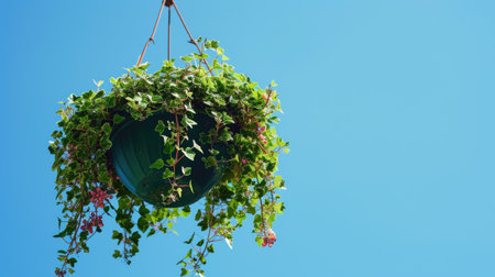 A hanging flower pot with trailing ivy, against a bright blue sky.の素材