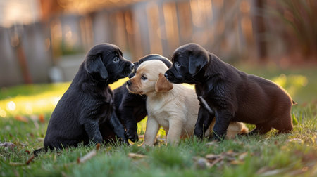 A group of friendly Labrador Retriever puppies playing together in a backyard.の素材