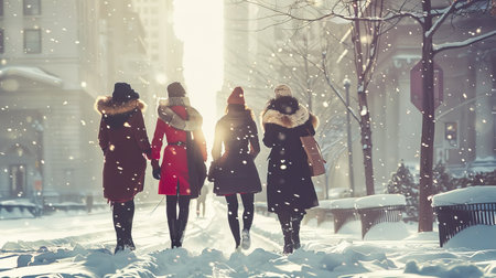 A group of friends dressed in fashionable winter wear, enjoying a day out in a snowy cityscape.の素材