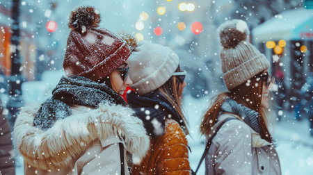 A group of friends dressed in fashionable winter wear, enjoying a day out in a snowy cityscape.の素材