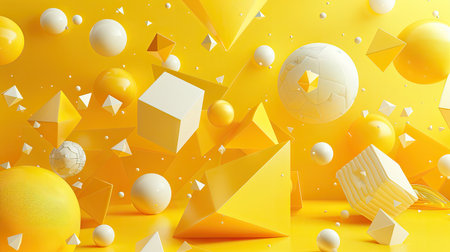 3D rendering of a vibrant yellow background with floating geometric shapes, including cubes, spheres, and pyramids, creating a dynamic and modern design.の素材