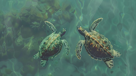 A pair of sea turtles swimming side by side, creating a touching underwater scene.の素材