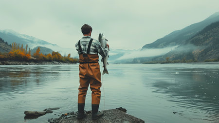 A panoramic shot of a fisherman proudly holding a freshly caught salmon by a river.の素材