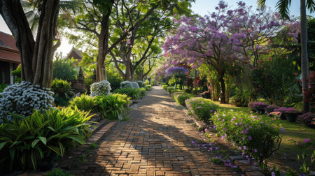 A picturesque garden path lined with Khun Nai's beautiful flowers in bloom.の素材