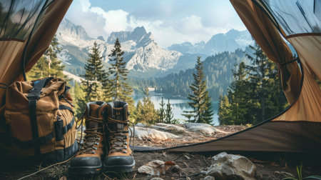 A pair of hiking boots and a backpack sitting by a tent entrance, with a stunning mountain view in the background.の素材