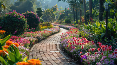 A picturesque garden path lined with Khun Nai's beautiful flowers in bloom.の素材