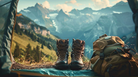 A pair of hiking boots and a backpack sitting by a tent entrance, with a stunning mountain view in the background.の素材