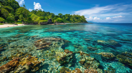 A remote island with a pristine beach, clear waters, and colorful coral reefs.の素材
