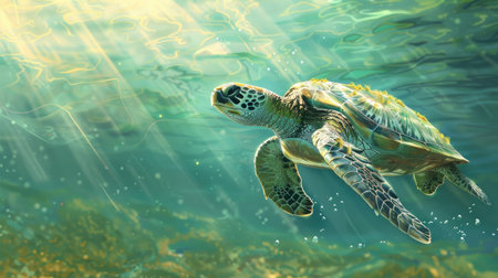 A sea turtle gliding through crystal-clear waters, with sunlight streaming down from the surface.の素材