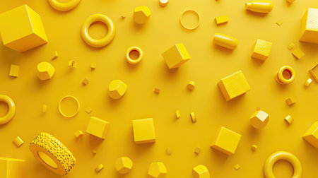 3D illustration of a yellow background with scattered, floating yellow objects such as rings, cubes, and cylinders, creating an eye-catching and playful scene.の素材