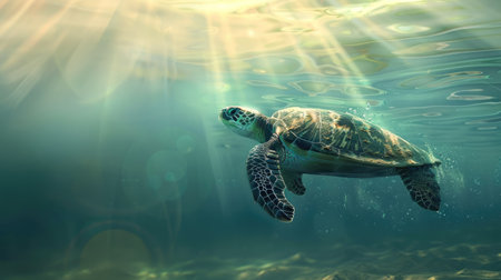 A sea turtle gliding through crystal-clear waters, with sunlight streaming down from the surface.の素材