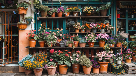 A quaint shopfront adorned with flower pots of various shapes and sizes, filled with seasonal flowers.の素材