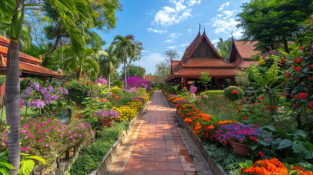 A picturesque garden path lined with Khun Nai's beautiful flowers in bloom.の素材