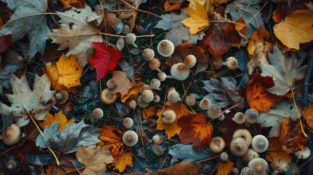 A scenic view of a forest floor covered in various types of mushrooms and fallen leaves.の素材