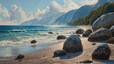 A serene beach scene with large, weathered stones scattered along the shoreline.の素材