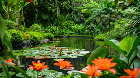 A serene garden scene with Khun Nai's lilies in bloom, surrounded by lush greenery.の素材