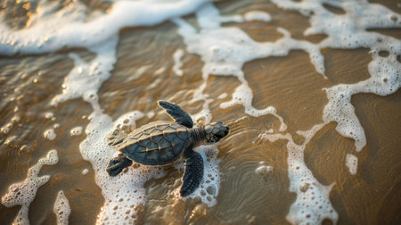 A sea turtle hatchling making its way to the ocean for the first time, captured in a heartwarming moment.の素材