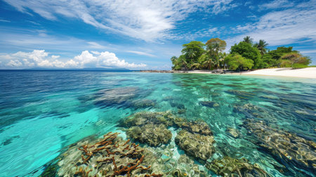A remote island with a pristine beach, clear waters, and colorful coral reefs.の素材