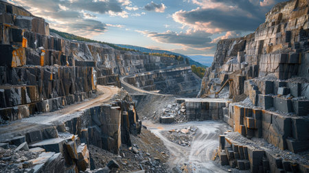 A scenic view of a stone quarry, revealing layers of rock and geological history.の素材