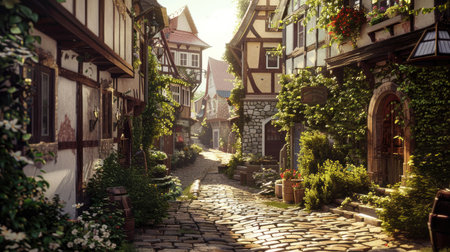 A pathway made of neatly arranged cobblestones leading through a charming European village.の素材