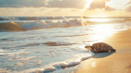 A serene beach scene with a sea turtle basking in the sun, waves gently crashing in the background.の素材