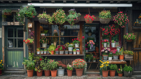 A quaint shopfront adorned with flower pots of various shapes and sizes, filled with seasonal flowers.の素材